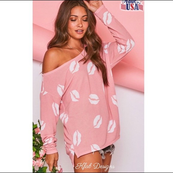 New! Sale!🔥 Barbie Pink w/ Lips Asymmetrical Cut Out Shoulder Cold Shoulder Top - Picture 3 of 9